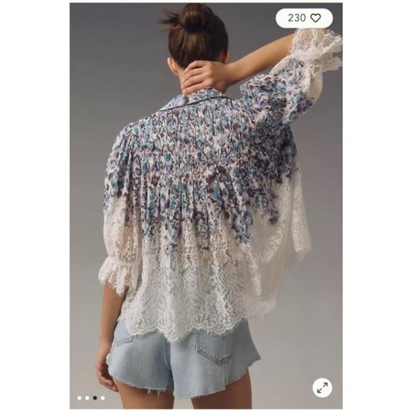Anthropologie Victorian Sheer Lace Blouse XS White Button Up Oversize V-Neck - Picture 1 of 8